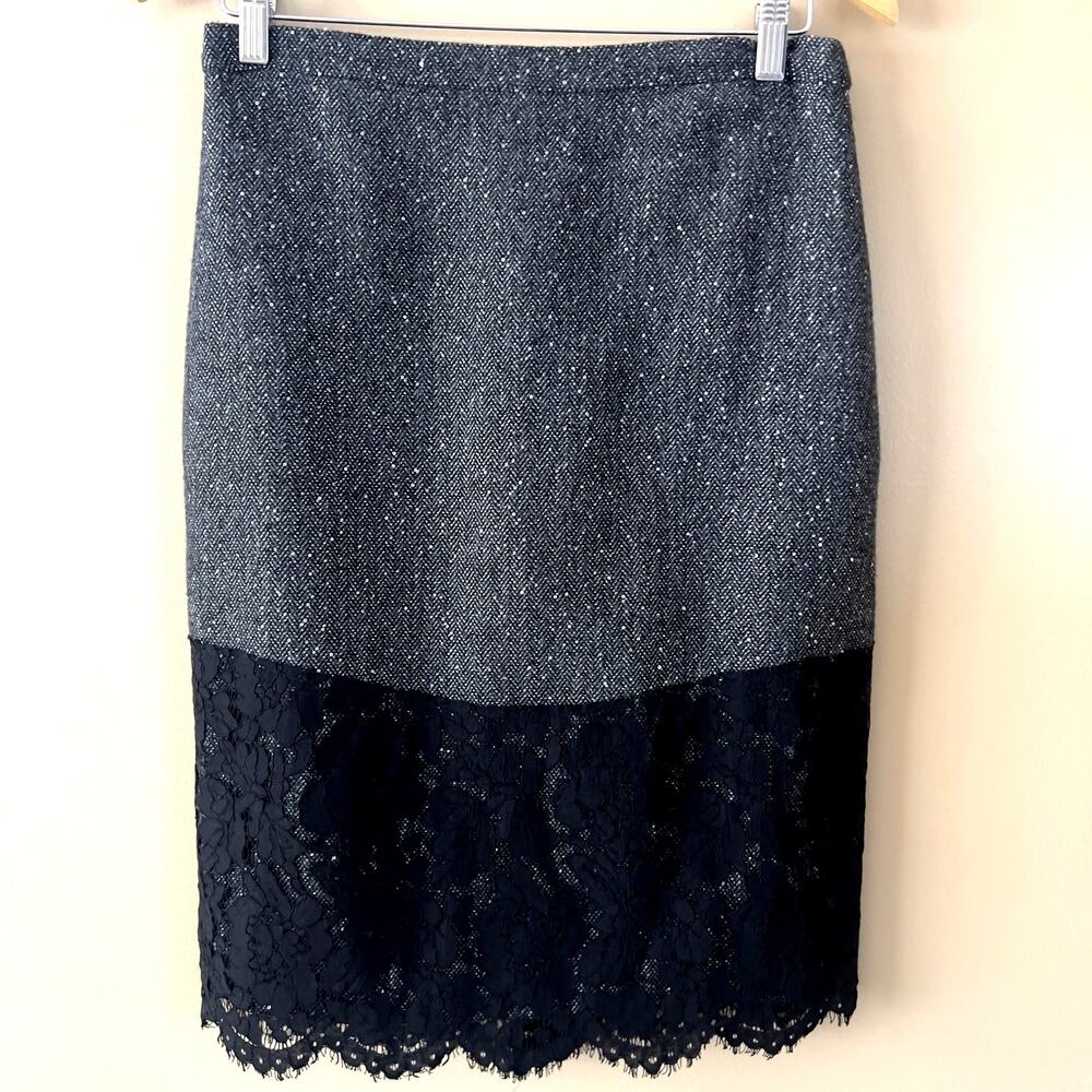 J.Crew Grey/Black Wool Pencil Skirt Lace Hem Size 6 Office Evening